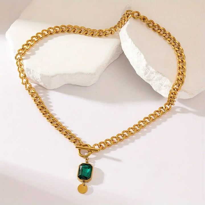 Alicia - Gold Chunky Chain Necklace with Emerald Pendant