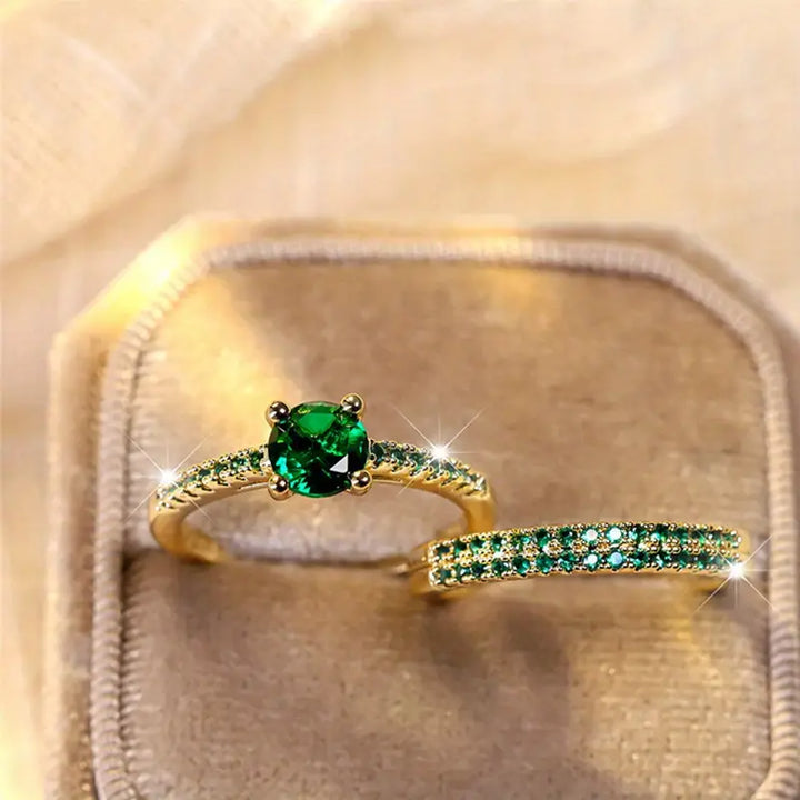 Serena - Gold  Emerald Duo Ring Set