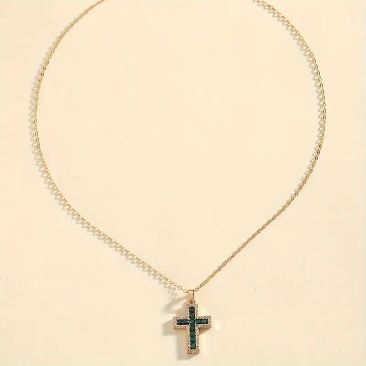 Amber - Gold Cross Pendant Necklace with Solene Emerald